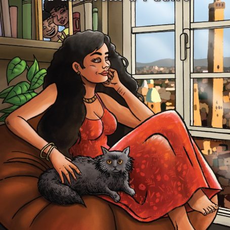 Une femme en robe rouge assise sur un canapé avec un chien, regardant par la fenêtre.