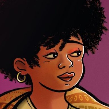 Portrait d'une jeune femme avec des cheveux crépus et une expression pensive.