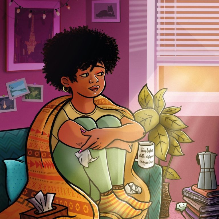 Illustration de couverture de Nora : Femme assise sur un canapé, enroulée dans une couverture, dans un intérieur coloré et lumineux.