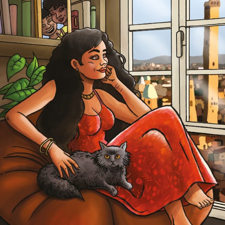 Illustration de couverture : Femme en robe rouge, assise sur un pouf, caressant un chat gris dans une pièce avec vue sur Bologne en Italie