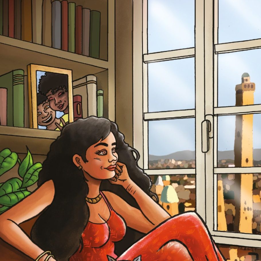 Elisa, assise, regardant par la fenêtre