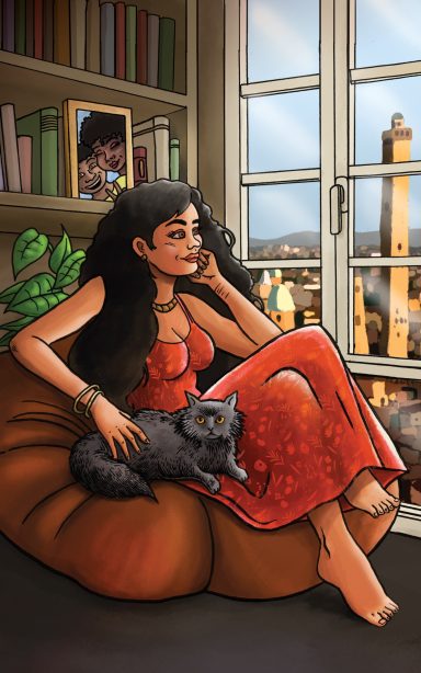 Elisa, sur un gros pouf avec son chat