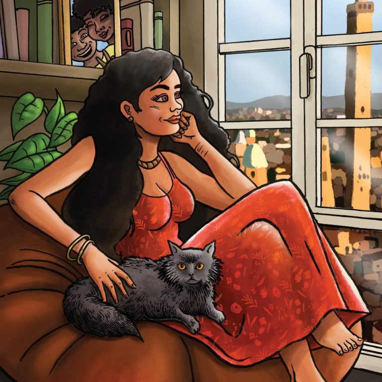 Elisa, en robe rouge, assise près d'une fenêtre avec son chat, pensive sur son autisme diagnostiqué tardivement